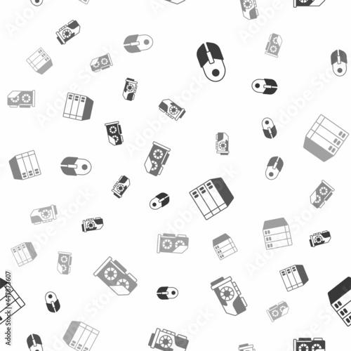 Set Computer mouse, Video graphic card, Server, Data, Web Hosting and on seamless pattern. Vector