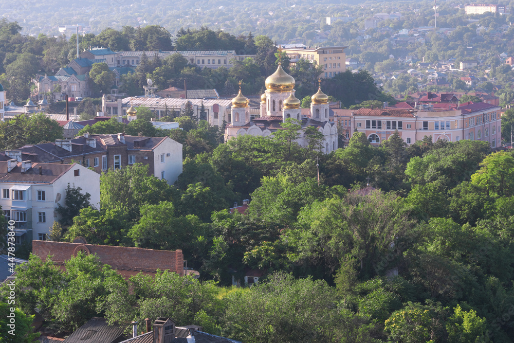 View of central part of Pyatigorsk with Spassky cathedral on sunny summer morning. Stavropol Krai, Caucasus, Russia.