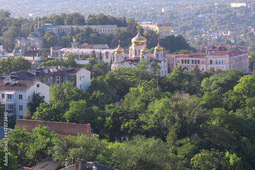 View of central part of Pyatigorsk with Spassky cathedral on sunny summer morning. Stavropol Krai, Caucasus, Russia. photo