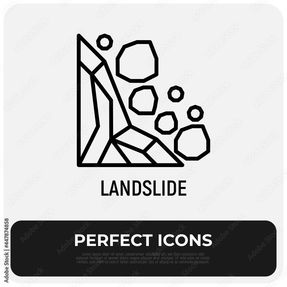 Landslide thin line icon: stones are falling from mountain. Natural disaster, catastrophe. Vector illustration.