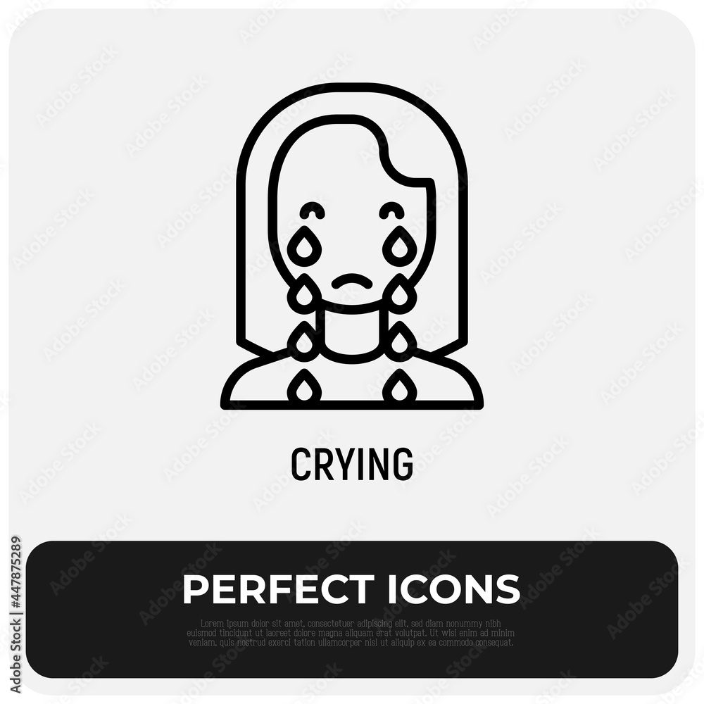 Crying woman thin line icon. Emotional stress, PMS, sadness, depression, negative emotion. Vector illustration.