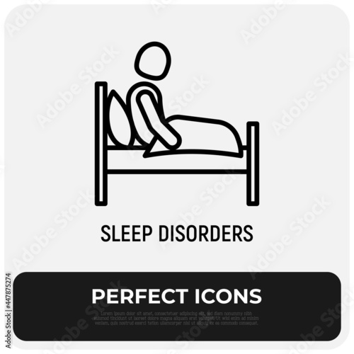 Insomnia thin line icon: sleep disorders, tired man sitting in his bed. Depression, sleepless, anxiety. Vector illustration.