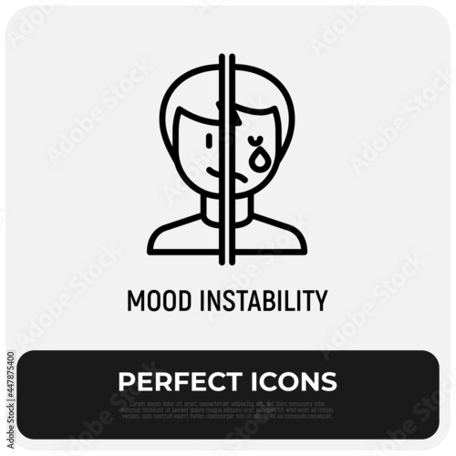 Bipolar disorder, mood instability thin line icon. Mental illness. One half of face is happy, other is crying. Vector illustration.