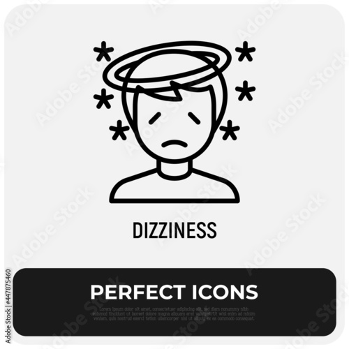 Dizziness, disorientationthin line icon. Disorganized, hangover, vertigo. Symptom of illness. Vector illustration.