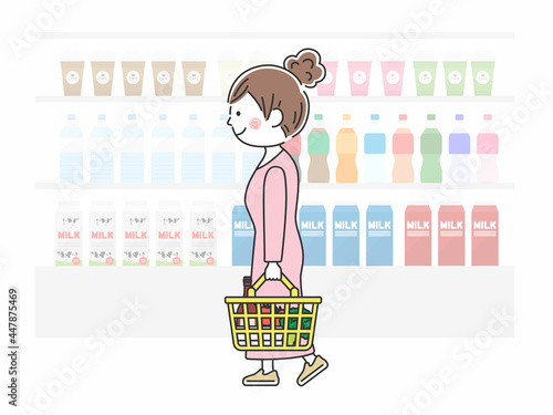 スーパーマーケットで買い物をする買い物をする女性のイラスト