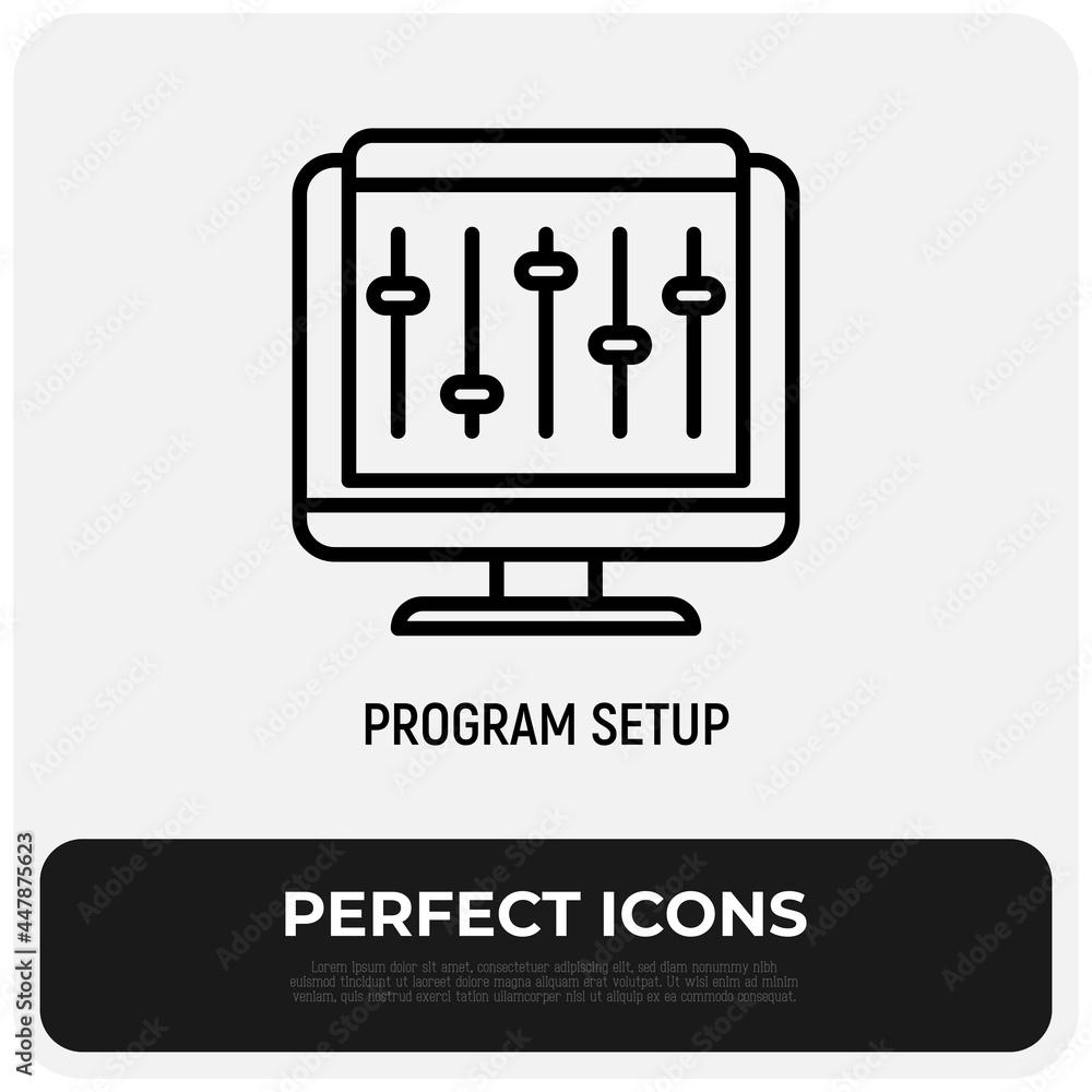 Program setup thin line icon, settings on PC. Software installation. Modern vector illustration. Program setup thin line icon, settings on PC. Software installation. Modern vector illustration.