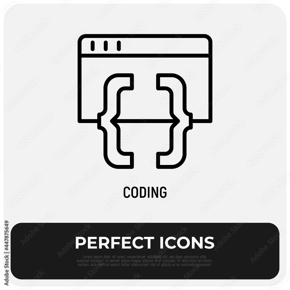 Coding, programming thin line icon. Web page with code symbol. Modern vector illustration. Coding, programming thin line icon. Web page with code symbol. Modern vector illustration.