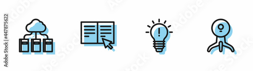 Set line Light bulb with concept of idea, Cloud or online library, Online book and Web camera icon. Vector