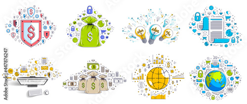Different business money and finance concepts vector illustrations set, trendy design drawings commercial theme collection, a lot of icons and symbols included, elements can be used separately.