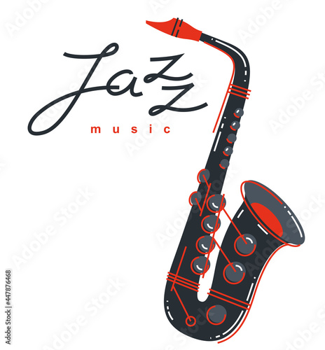 Jazz music emblem or logo vector flat style illustration isolated, saxophone logotype for recording label or studio or musical band.