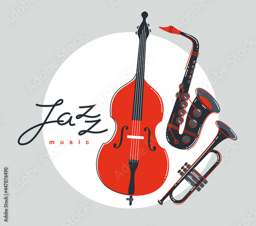 Jazz music band poster vector flat illustration, live sound festival or concert advertising flyer or banner, play different instruments orchestra.