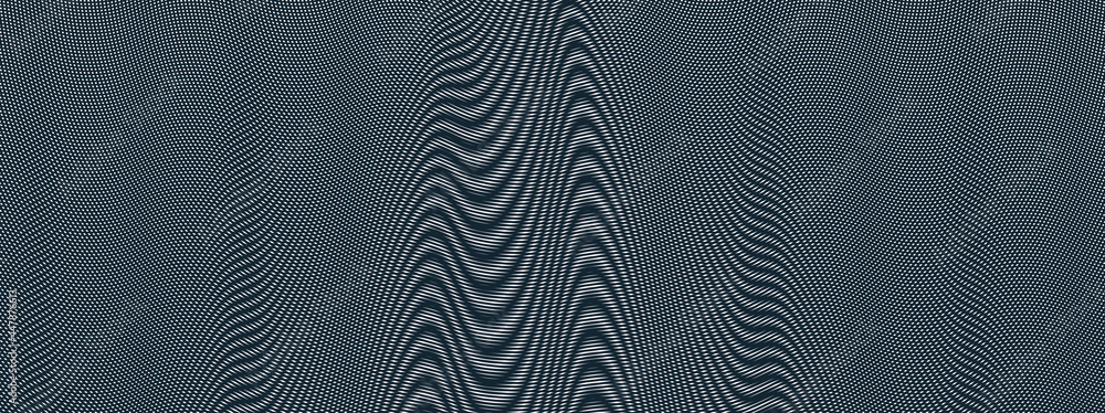 Fototapeta premium Moire vector abstract background, linear contrast virtual digital effect image, hypnotic texture, optical art trendy modern style, black and white distorted grid.
