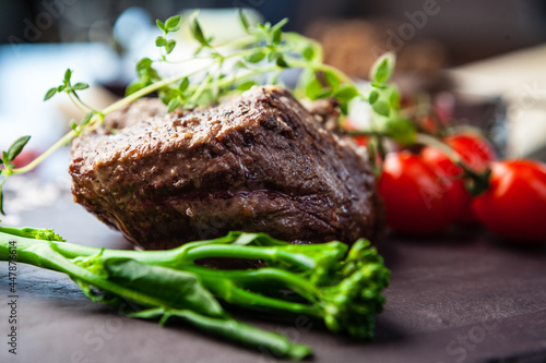 Estonian beef tenderloin steak. Delicious healthy traditional food closeup served for lunch in modern gourmet cuisine restaurant
