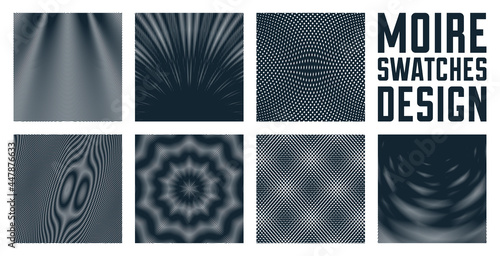 Moire vector abstract backgrounds set, linear contrast virtual digital effect images, hypnotic texture, optical art trendy modern style, black and white distorted grid.