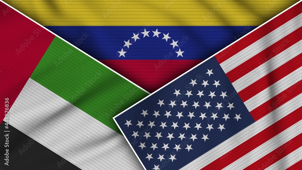 Fototapeta premium Venezuela United States of America United Arab Emirates Flags Together Fabric Texture Effect Illustration