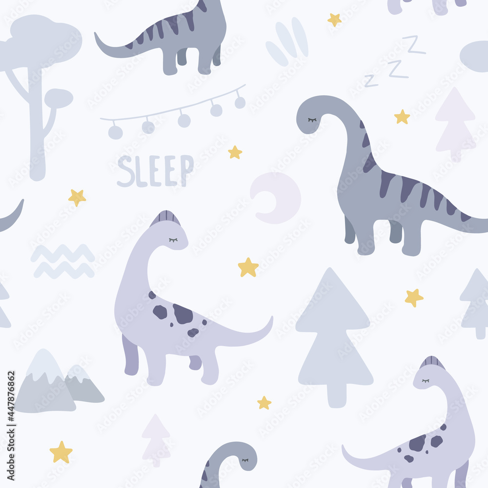 Vector seamless pattern with cute sleeping dino. Creative kids texture for fabric, wrapping, textile, wallpaper, apparel.