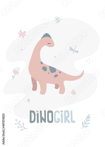 Vector poster with cute dino girl. Creative kids illustration for fabric, textile, apparel, nursery wall.