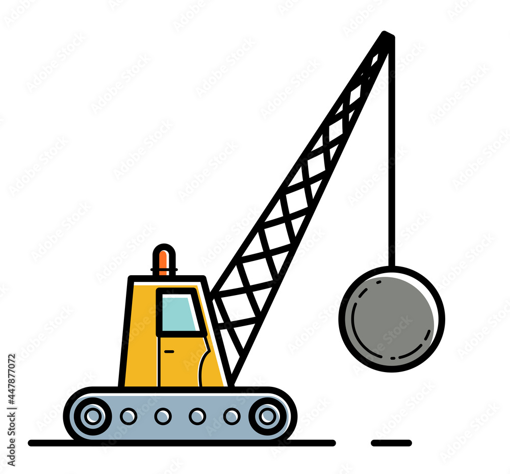 Demolition machine with weight metal ball vector illustration isolated on white background.