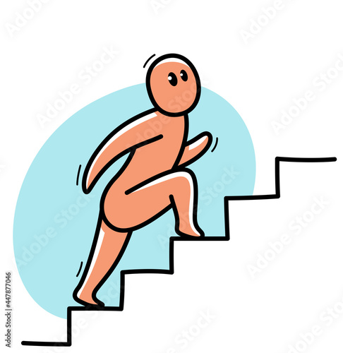 Funny cartoon man climbing up stairs vector flat style illustration isolated on white, career and ambitions concept, business success.