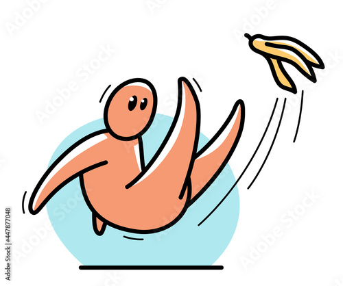 Small funny cartoon man falls because of banana skin vector flat style illustration isolated on white, failure unexpected oops concept.