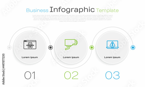 Set line Browser incognito window, Security camera and Laptop with exclamation mark. Business infographic template. Vector