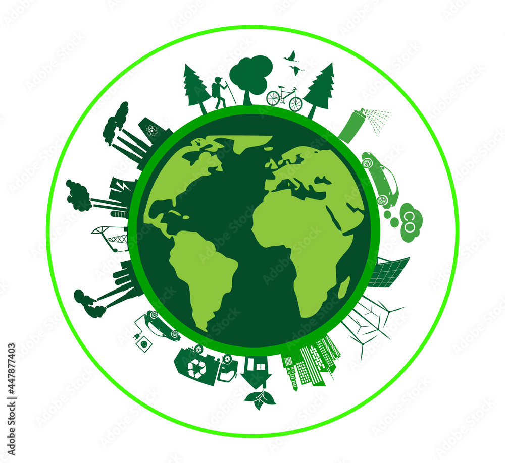 Ecology concept and icons with green city on earth, world map on globe. Green sustainable development concept in circular shape presentation