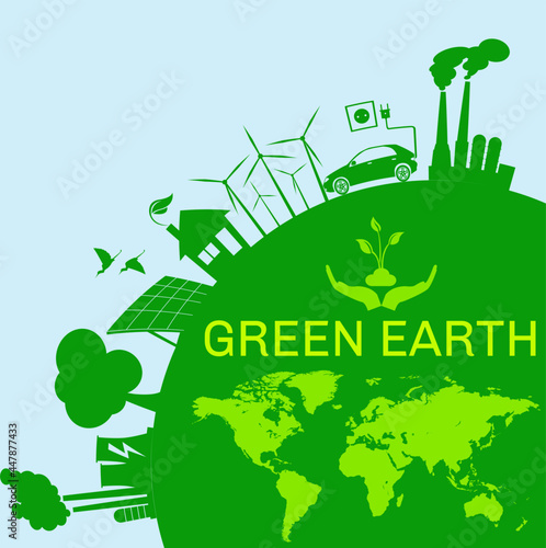 Ecology concept and icons with green city on earth, world map. Green sustainable development concept in blue background
