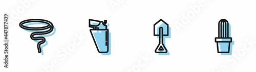 Set line Shovel, Lasso, Revolver gun in holster and Cactus peyote pot icon. Vector