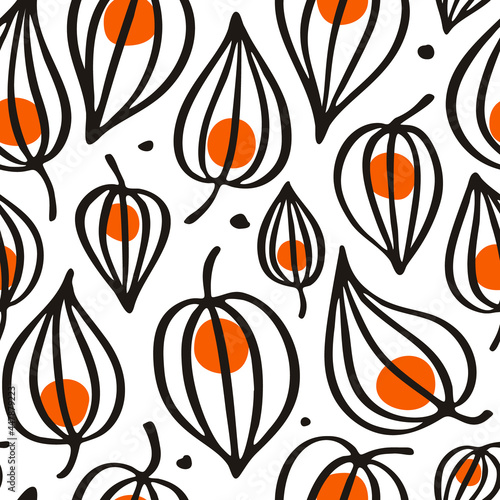 Vector seamless graphic physalis pattern. Ornament for scrapbooking, prints, clothes, fabrics, textiles, packaging. photo