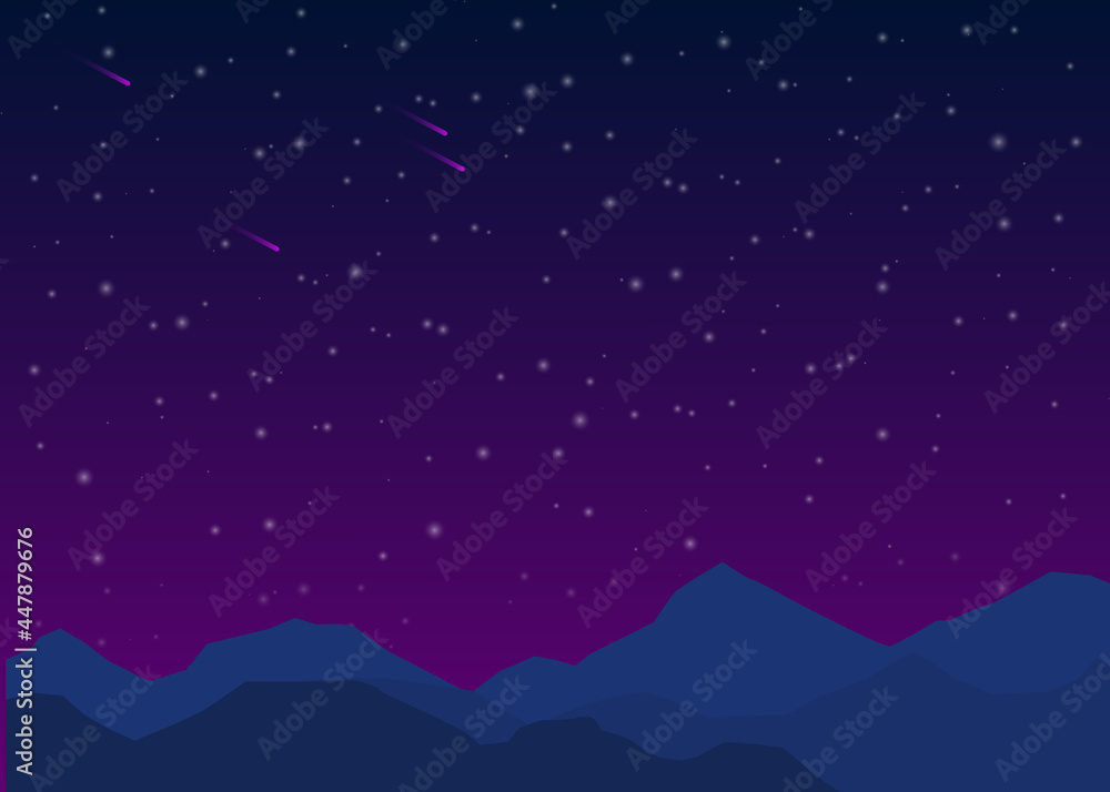 Colorful night sky with stars and mountains background