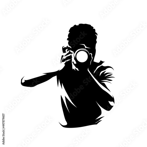 Photographer takes pictures, vector logo. Front View. Man with digital camera