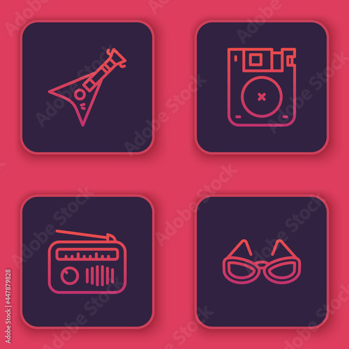 Set line Electric bass guitar, Radio with antenna, Floppy disk and Glasses. Blue square button. Vector
