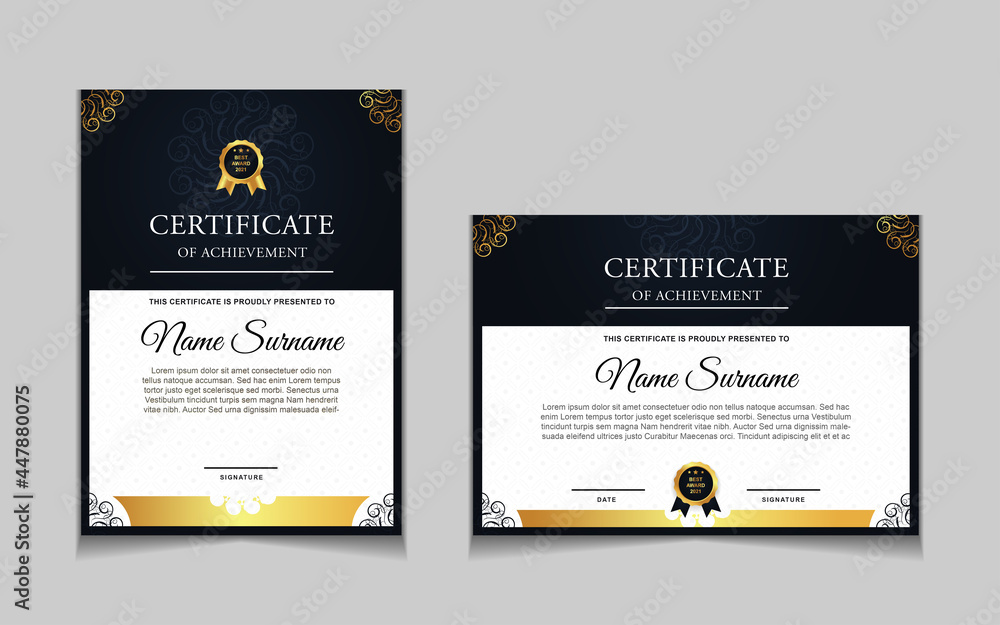 Set of certificate of achievement border design templates with elements of luxury gold badges and modern line patterns. vector graphic print layout can use For award, appreciation, education Set of certificate of achievement border design templates with elements of luxury gold badges and modern line patterns. vector graphic print layout can use For award, appreciation, education