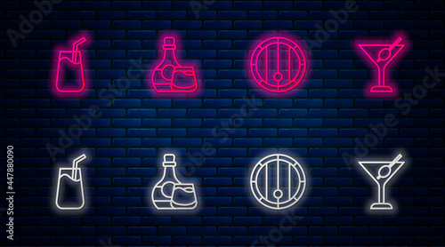 Set line Whiskey bottle and glass, Wooden barrel, Cocktail and Martini. Glowing neon icon on brick wall. Vector