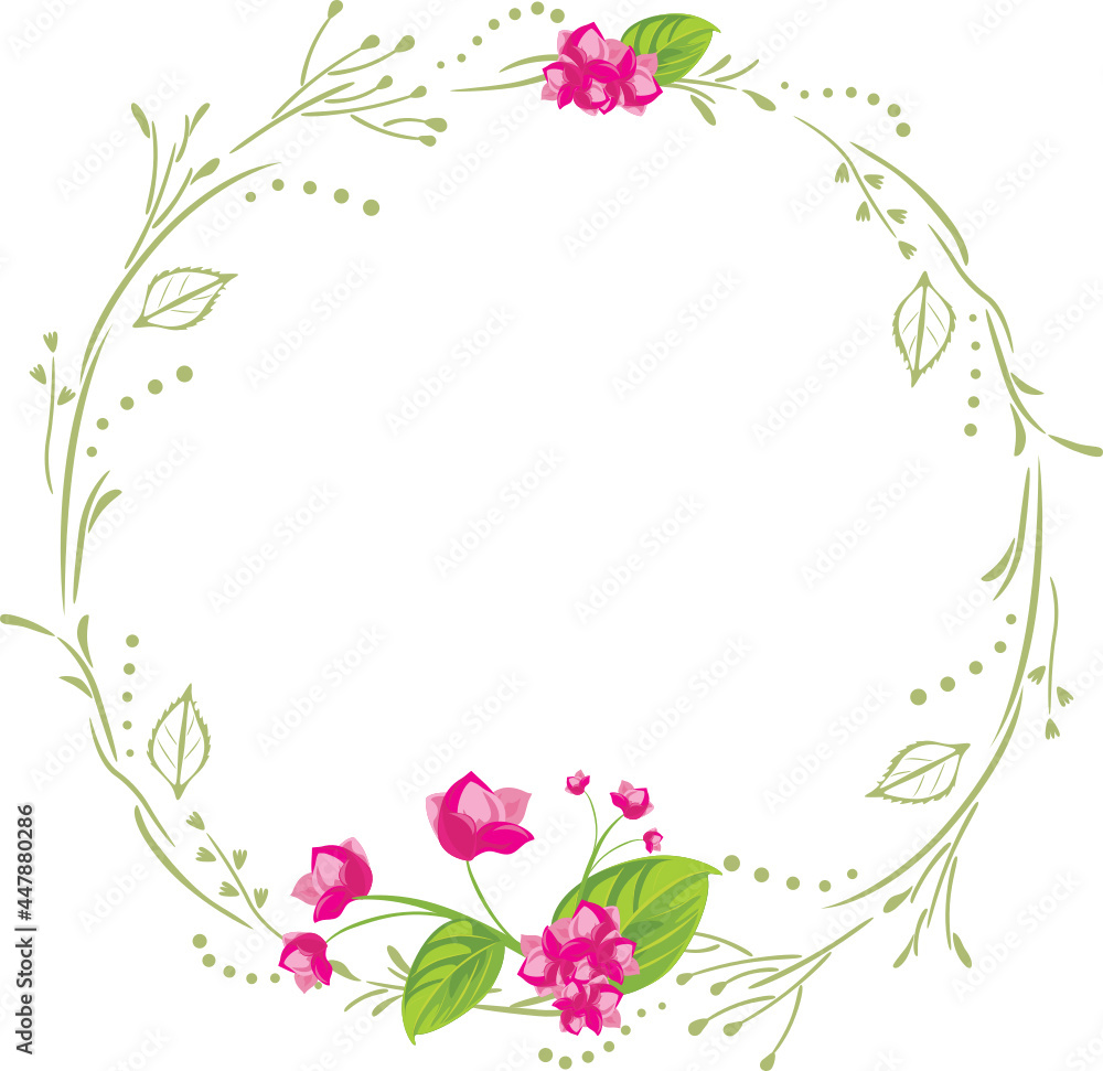Wreath with pink flowers for postcard design