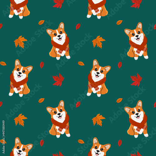 Autumn seamless pattern with cute corgi dog in a scarf and leaves. Baby background for fabric, wrapping, textile, wallpaper, clothing. Funny little doggy.