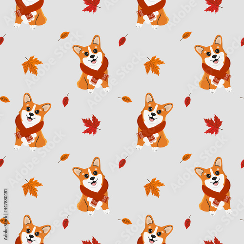 Autumn seamless pattern with cute corgi dog in a scarf and leaves. Baby texture for fabric, wrapping, textile, wallpaper, clothing. Funny little doggy.
