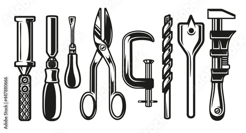 Mini set carpenter tools on white background
