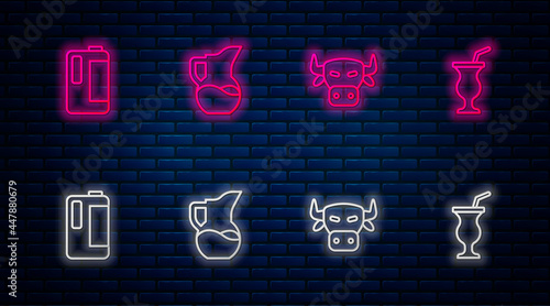 Set line Milk jug or pitcher, Cow head, in plastic bottle and Milkshake. Glowing neon icon on brick wall. Vector