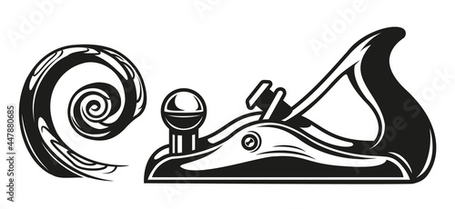 Black and white vector illustration of a planer with shavings on a white background