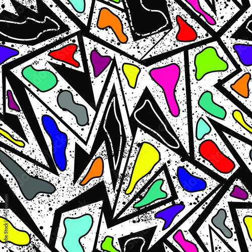 Seamless unusual abstract pattern with curved geometry elements and colorful shapes