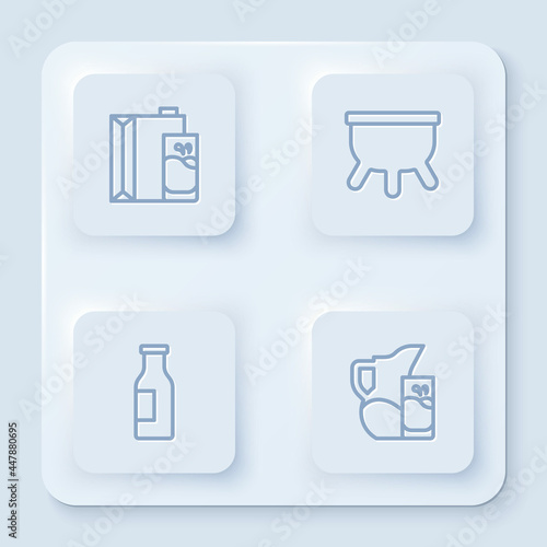 Set line Paper package for milk, Udder, Bottle with and Milk jug pitcher and glass. White square button. Vector