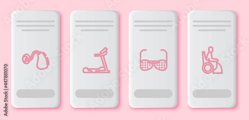 Set line Hearing aid, Treadmill machine, Blind glasses and Woman wheelchair. White rectangle button. Vector