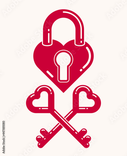 Heart shaped padlock vector logo or icon, lock and turnkey love theme in a shape of heart open or closed emotions, secret feelings concept, Valentine theme.