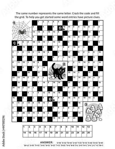 Codebreaker (or codeword, or code cracker) crossword puzzle or word game with about 9 Halloween themed words and 3 picture clues. Answer included.
