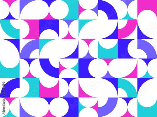 Geometric abstract seamless pattern with colorful simple elements of geometry, wallpaper background in retro 70s style, Bauhaus constructive style tiles.
