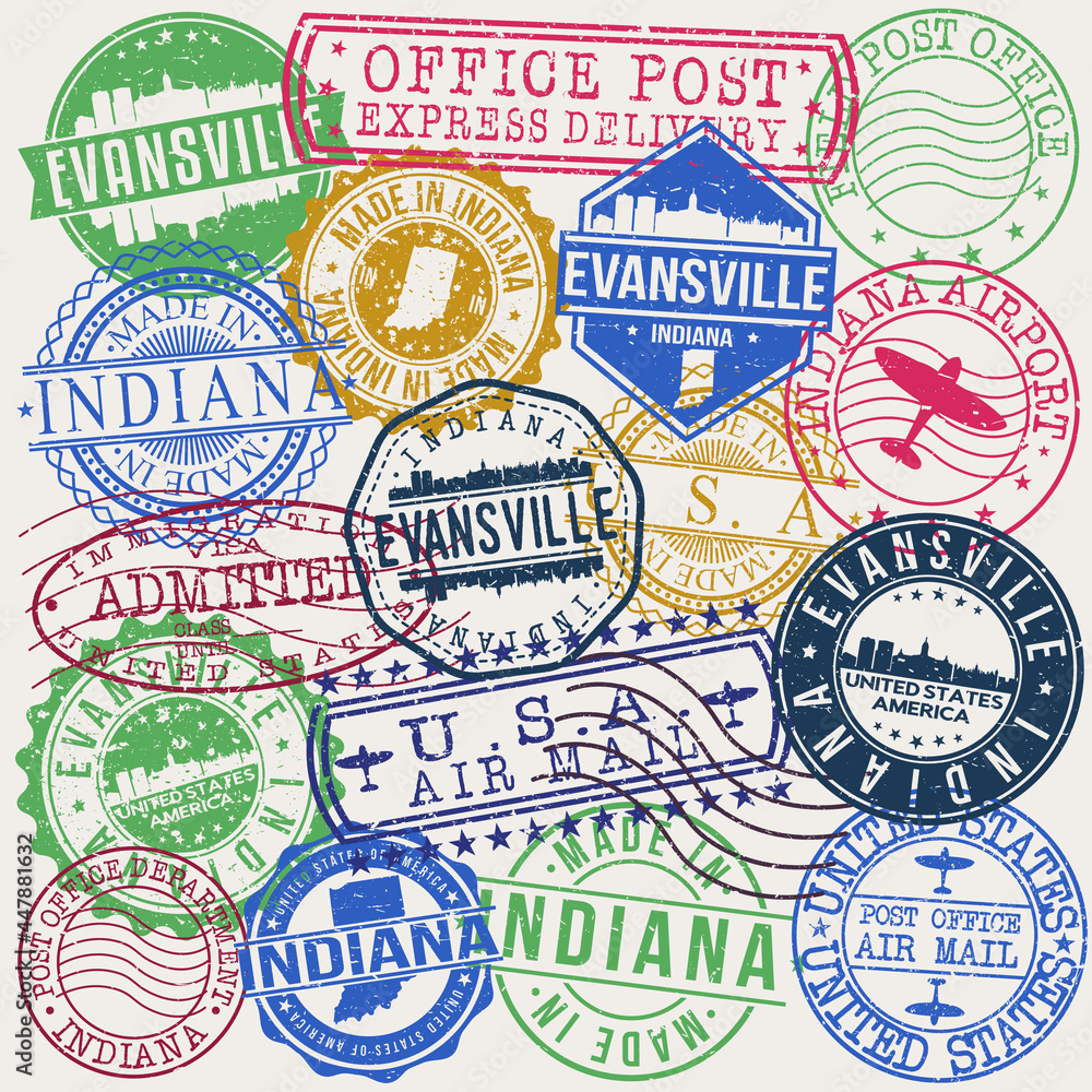 Evansville, IN, USA Set of Stamps. Travel Stamp. Made In Product. Design Seals Old Style Insignia.