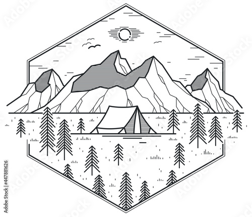 Camping tent in mountains range and pine forest vector linear emblem isolated on white, holidays and vacations in woods line art, design wanderlust logo.
