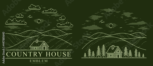 Cabin in grasslands and meadows with pine trees linear vector nature illustration on dark, log cabin cottage for rest, holidays and vacations theme line art drawing, woodhouse resort.