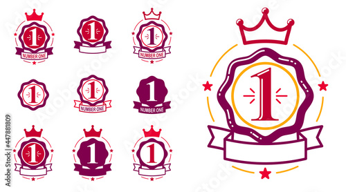 First place number one business success and triumph vector labels set isolated over white, graphic design elements, geometric vintage classic emblems collection, simplistic old style icons.